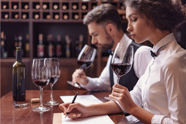 A make and female server sitting in a cellar sniffing their wine glasses and taking notes